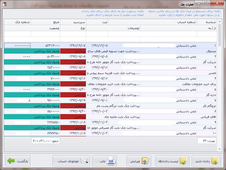 فرم مدیریت چک ها